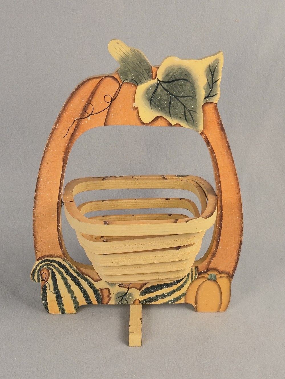 Vintage Collapsible Wooden Pumpkin Basket Trivet Fall Harvest Decor